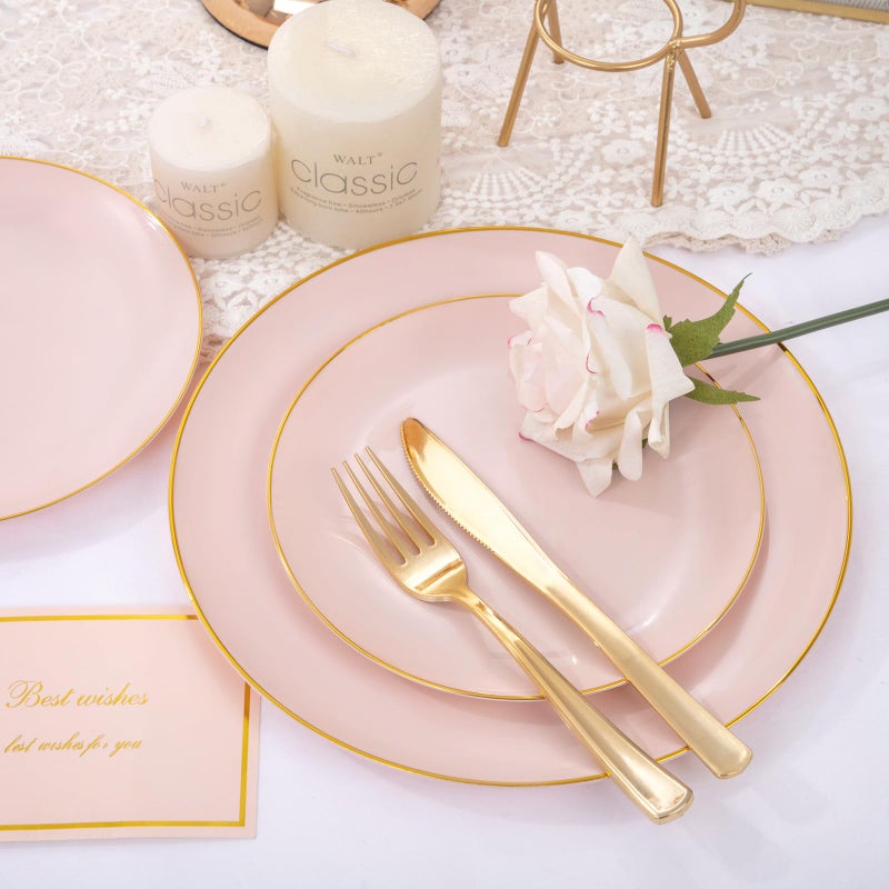 PULOTE 100PCS Pink Plastic Plates - Heavy Duty Pink and Gold Disposable Plates for Party  Wedding & Mothers Day  Include 50 Dinner Plates and 50 Dessert Plates - Image 5