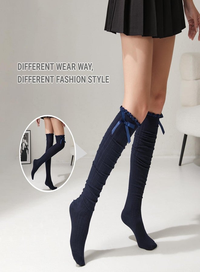 TOCONFFON Tububa Women's Girls Thigh High Stockings Over the Knee Socks with Satin Bows(Navy,One Size) - Image 4