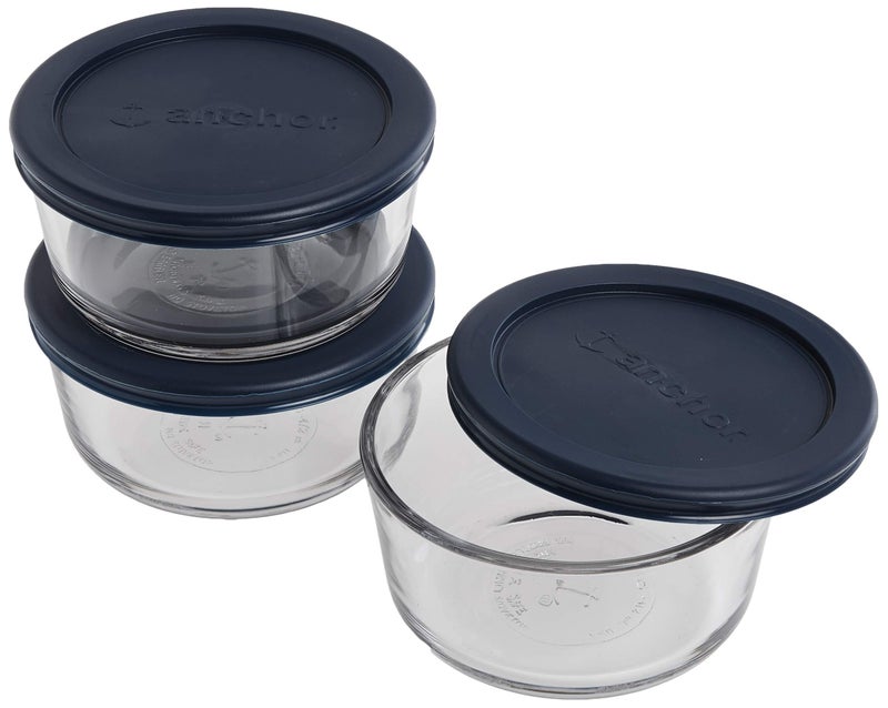 Anchor Hocking Round Glass Food Storage Containers with Blue SnugFit Lids, (BPA free, glass tempered tough for oven, microwave, fridge, and freezer), Clear Glass, Blue Lids, 2 Cup (Set of 3) - Image 2