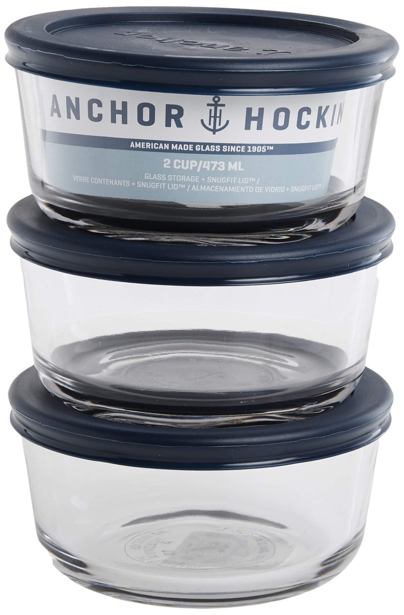 Anchor Hocking Round Glass Food Storage Containers with Blue SnugFit Lids, (BPA free, glass tempered tough for oven, microwave, fridge, and freezer), Clear Glass, Blue Lids, 2 Cup (Set of 3) - Image 4