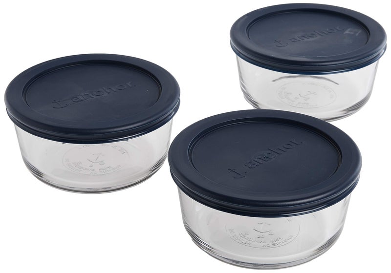 Anchor Hocking Round Glass Food Storage Containers with Blue SnugFit Lids, (BPA free, glass tempered tough for oven, microwave, fridge, and freezer), Clear Glass, Blue Lids, 2 Cup (Set of 3) - Image 1