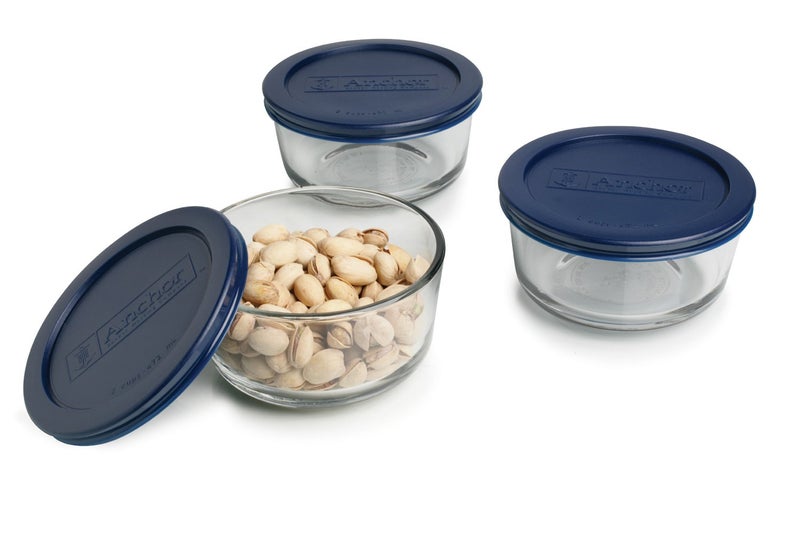 Anchor Hocking Round Glass Food Storage Containers with Blue SnugFit Lids, (BPA free, glass tempered tough for oven, microwave, fridge, and freezer), Clear Glass, Blue Lids, 2 Cup (Set of 3) - Image 3
