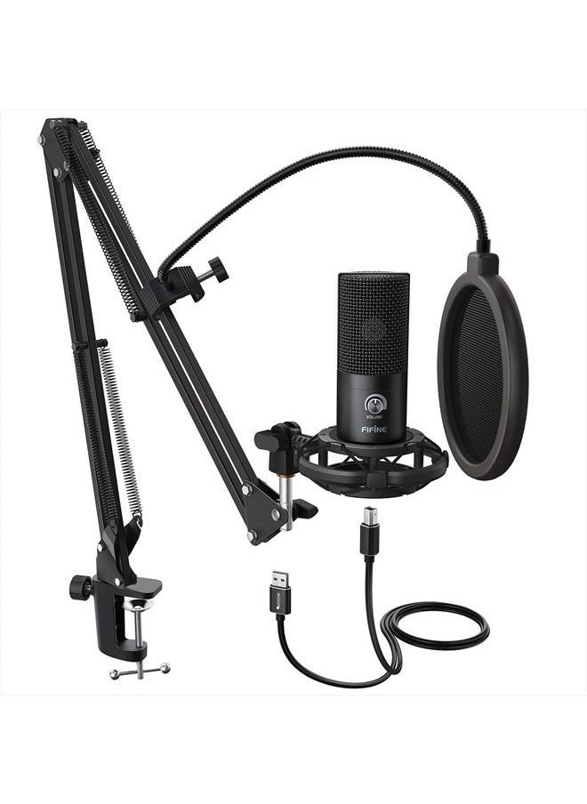 FIFINE - Studio Condenser USB Microphone Computer PC Microphone Kit with Adjustable Boom Arm Stand Shock Mount for Instruments Voice Overs Recording Podcasting YouTube Vocal Gaming Streaming-T669 - Image 1