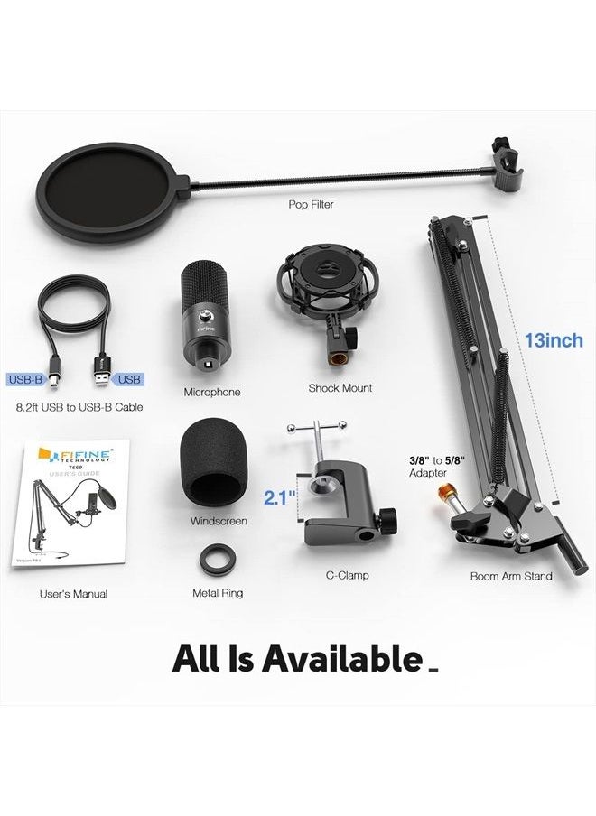 FIFINE - Studio Condenser USB Microphone Computer PC Microphone Kit with Adjustable Boom Arm Stand Shock Mount for Instruments Voice Overs Recording Podcasting YouTube Vocal Gaming Streaming-T669 - Image 1