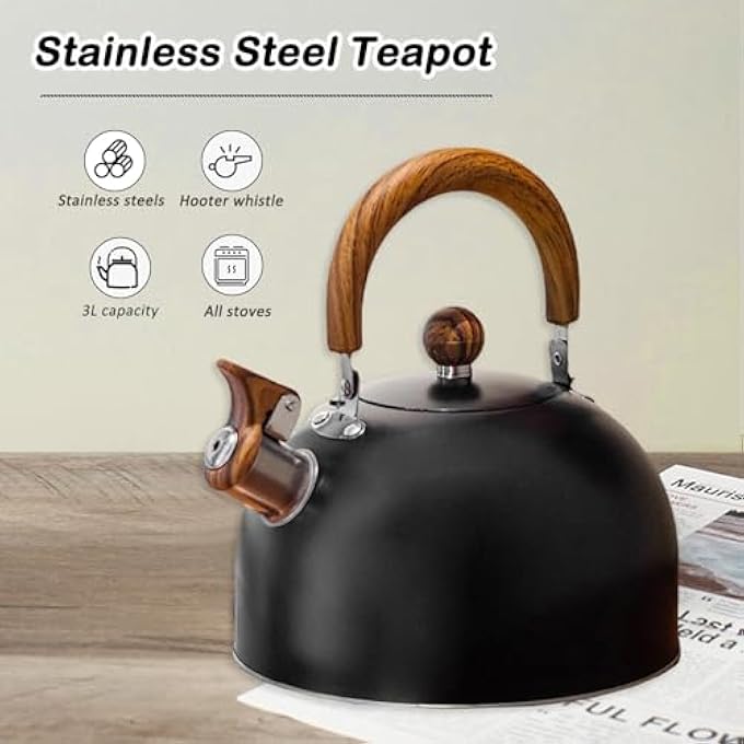ريحني غلاية شاي على الموقد سعة 3 لتر، غلاية شاي صافرة، مصنوعة من الفولاذ المقاوم للصدأ بدرجة طعام مع مقبض مريح باللون الأسود - Image 4