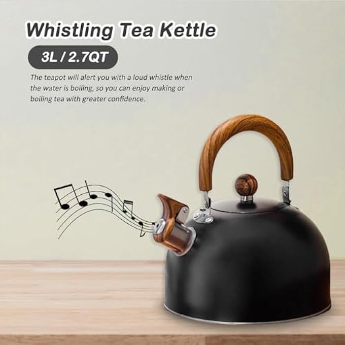 ريحني غلاية شاي على الموقد سعة 3 لتر، غلاية شاي صافرة، مصنوعة من الفولاذ المقاوم للصدأ بدرجة طعام مع مقبض مريح باللون الأسود - Image 3