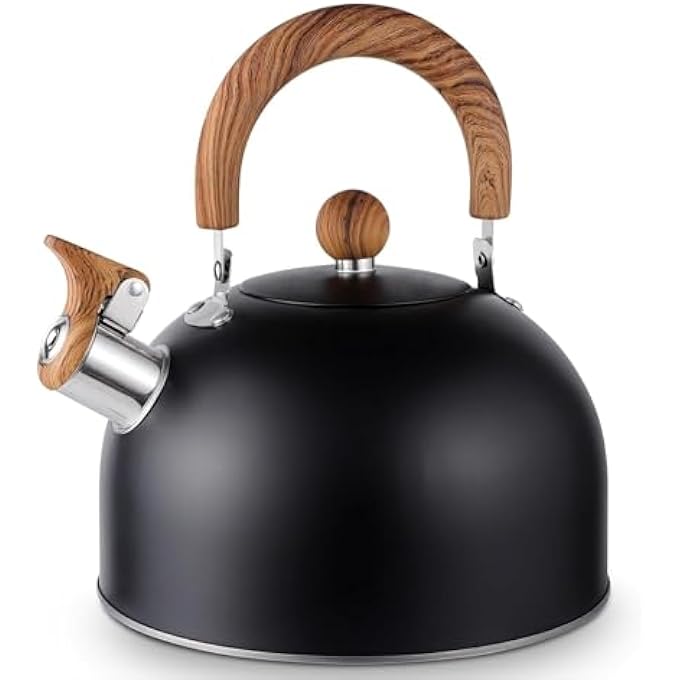 ريحني غلاية شاي على الموقد سعة 3 لتر، غلاية شاي صافرة، مصنوعة من الفولاذ المقاوم للصدأ بدرجة طعام مع مقبض مريح باللون الأسود - Image 2