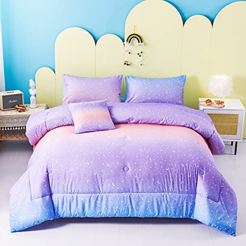 URBONUR URBONUR Girls Comforter Set Full Size Gradient Purple Orange Moon Star Print Bedding Comforter with Sheets Set 6 Pcs Bed in A Bag Comforter Flat Sheet Fitted Sheet Pillowcases and Cushion Cover 