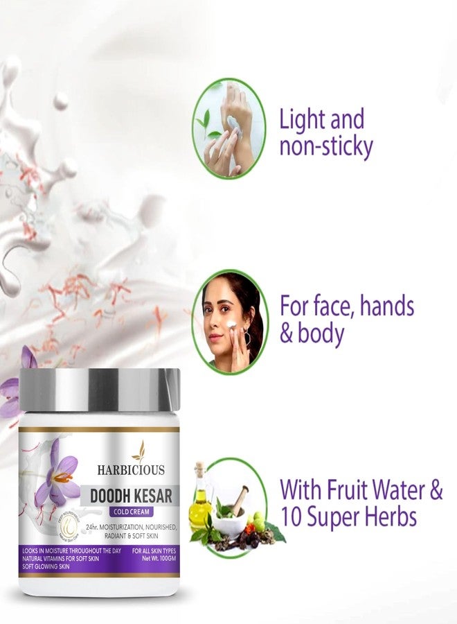 Harbicious Doodh Kesar Cold Cream, Soft Light Moisturizer, for Face, Hand & Body, Non-Greasy Cream for Instant Hydration, Pack of (100GM) - Image 4