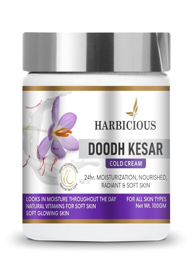Harbicious Doodh Kesar Cold Cream, Soft Light Moisturizer, for Face, Hand & Body, Non-Greasy Cream for Instant Hydration, Pack of (100GM) - Image 1
