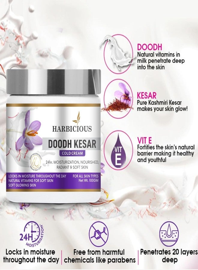 Harbicious Doodh Kesar Cold Cream, Soft Light Moisturizer, for Face, Hand & Body, Non-Greasy Cream for Instant Hydration, Pack of (100GM) - Image 2