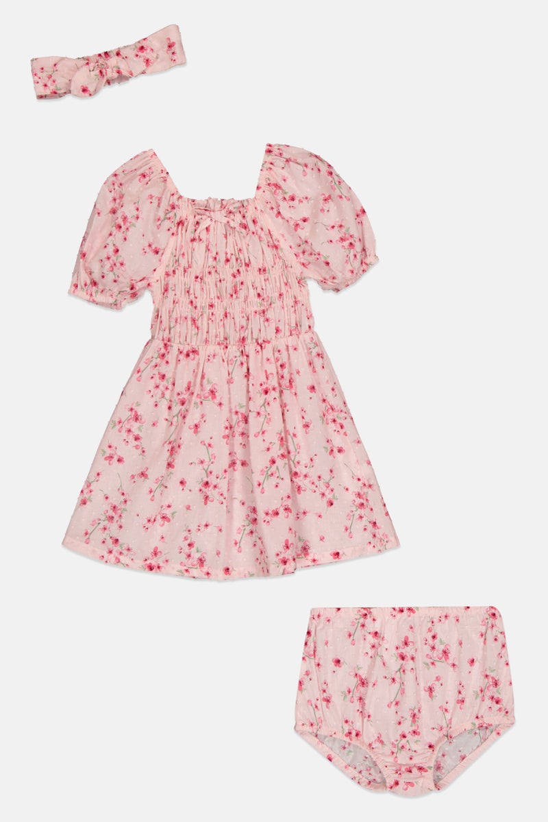 Nanette lepore Toddlers Girl 3 Pieces Floral Pattern Dress With Panty And Headband Set, Pink - Image 2