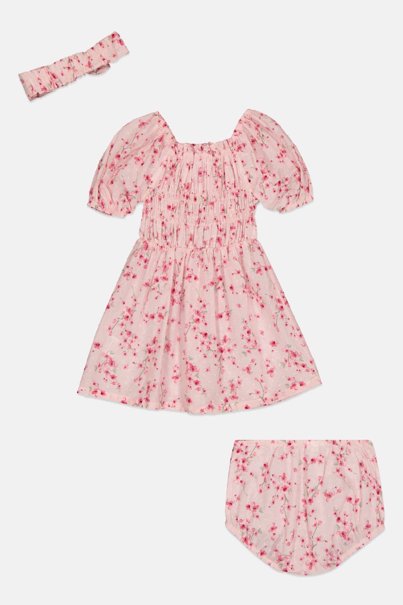 Nanette lepore Toddlers Girl 3 Pieces Floral Pattern Dress With Panty And Headband Set, Pink - Image 3