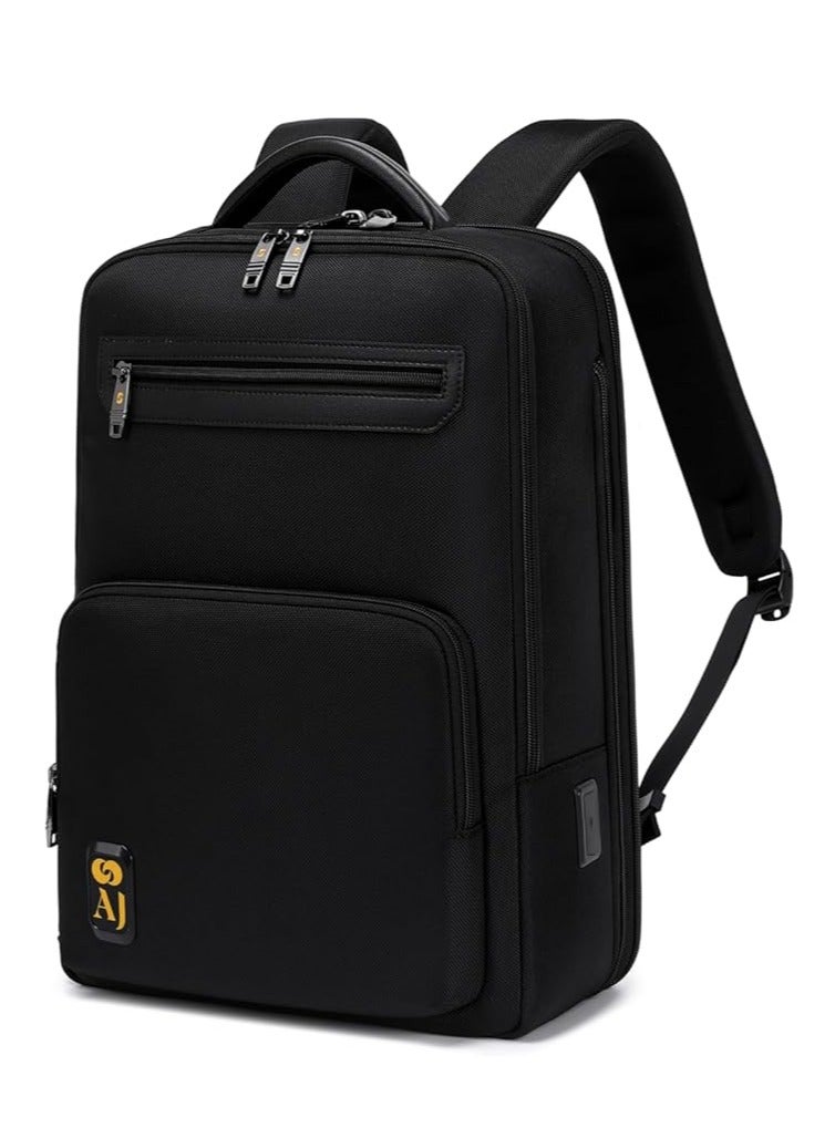 إيه جاي حقيبة ظهر AJ مصنوعة من الجلد مصنوعة من الألياف الدقيقة ومقاومة للماء ومضادة للسرقة، حقيبة ظهر للكمبيوتر المحمول للأعمال والسفر مع منفذ شحن USB، أسود  ابحث في هذه الصفحة - Image 3