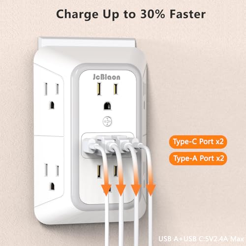 JcBlaon USB Wall Charger Power Strip Surge Protector with 4 USB Ports (2 USB C) Plug Extension Multiple Outlets Plug Extension Multi Outlet Plug in Adapter Spaced Outlets for Home Office Travel,White (White) - Image 4