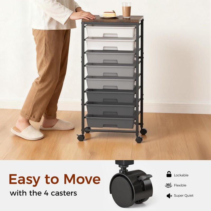 Time Forest Rolling Cart with 8 Drawers, Plastic Drawer Storage Carts with Wheels & Wooden Tabletop, Metal Utility Cart Organizer for Bedroom Living Room Office Classroom Craft Organization and Storage, Grey - Image 5