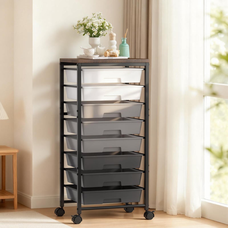 Time Forest Rolling Cart with 8 Drawers, Plastic Drawer Storage Carts with Wheels & Wooden Tabletop, Metal Utility Cart Organizer for Bedroom Living Room Office Classroom Craft Organization and Storage, Grey - Image 1