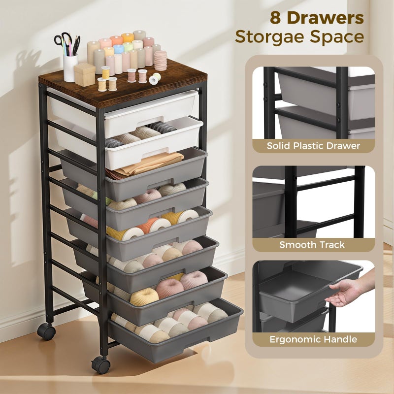 Time Forest Rolling Cart with 8 Drawers, Plastic Drawer Storage Carts with Wheels & Wooden Tabletop, Metal Utility Cart Organizer for Bedroom Living Room Office Classroom Craft Organization and Storage, Grey - Image 3