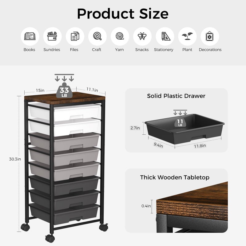 Time Forest Rolling Cart with 8 Drawers, Plastic Drawer Storage Carts with Wheels & Wooden Tabletop, Metal Utility Cart Organizer for Bedroom Living Room Office Classroom Craft Organization and Storage, Grey - Image 4