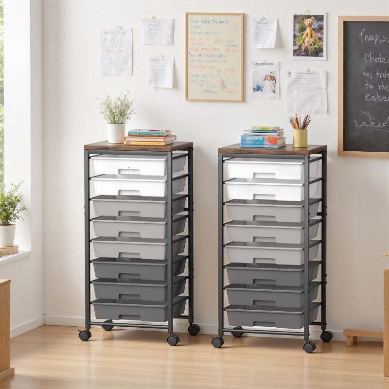 Time Forest Rolling Cart with 8 Drawers, Plastic Drawer Storage Carts with Wheels & Wooden Tabletop, Metal Utility Cart Organizer for Bedroom Living Room Office Classroom Craft Organization and Storage, Grey - Image 2