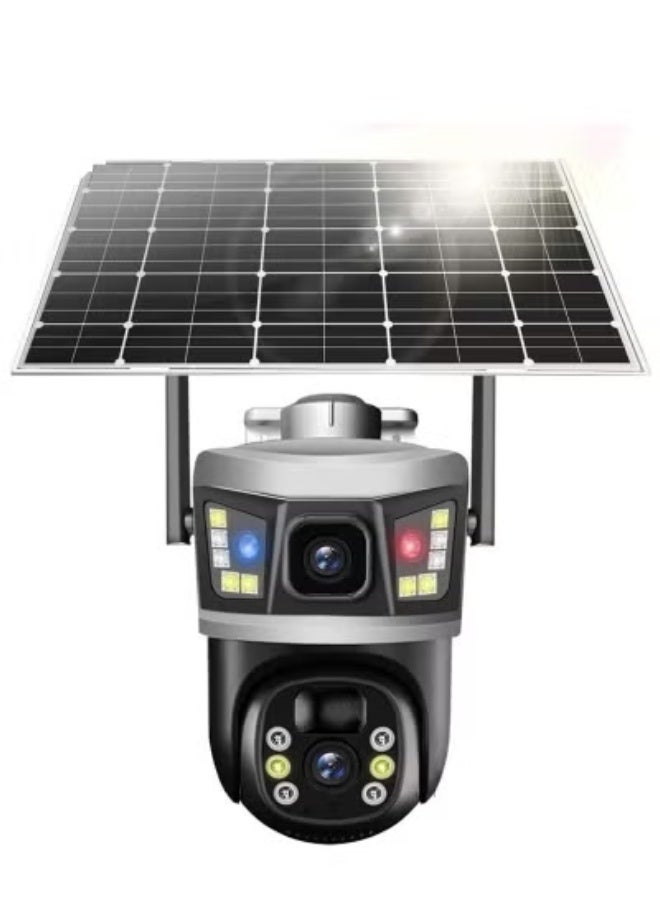 8MP Dual Lens 360° Outdoor Solar CCTV Security Camera – Wireless Solar-Powered PTZ Surveillance with Full-Color Night Vision, PIR and AI Human Motion Detection, Two-Way Audio Communication, IP65 Waterproof, Supports 64GB SD Card, Compatible with V380 Pro App