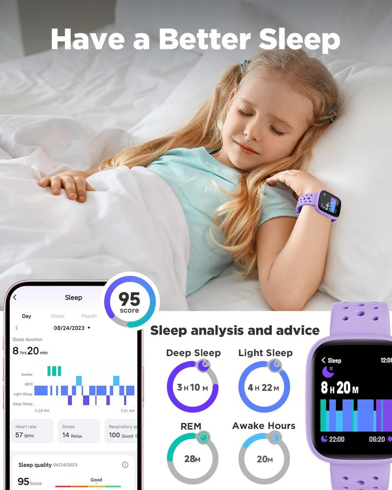 بيجرفايف ساعة الذكية للأطفال، مقاس 1.8 بوصة، ساعة لياقة بدنية مع عداد خطى، مراقبة النبض على مدار الساعة، مراقبة النوم، إنذار اهتزاز، مقاومة للماء بمعيار IP68، ألعاب ألغاز مع أو بدون تطبيق، للفتيات والمراهقات من سن 5 إلى 16 عامًا، لون أرجواني - Image 4