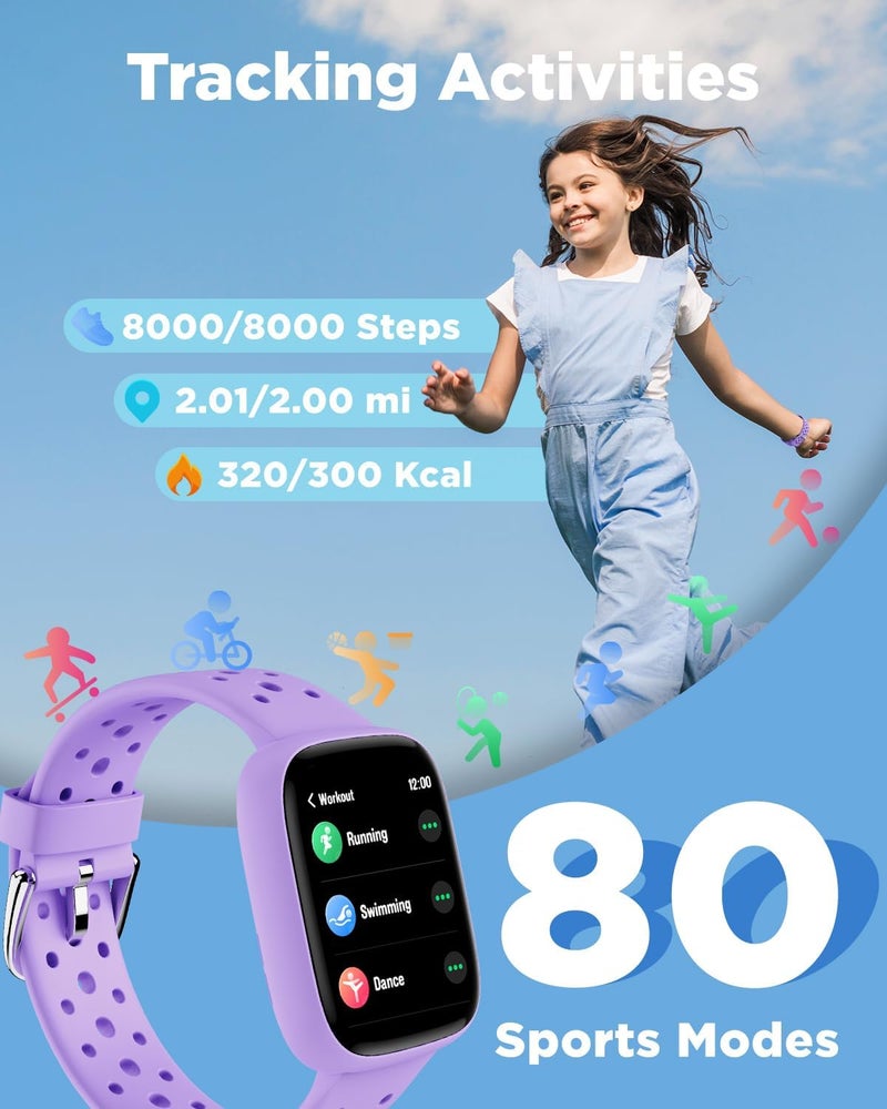 بيجرفايف ساعة الذكية للأطفال، مقاس 1.8 بوصة، ساعة لياقة بدنية مع عداد خطى، مراقبة النبض على مدار الساعة، مراقبة النوم، إنذار اهتزاز، مقاومة للماء بمعيار IP68، ألعاب ألغاز مع أو بدون تطبيق، للفتيات والمراهقات من سن 5 إلى 16 عامًا، لون أرجواني - Image 3