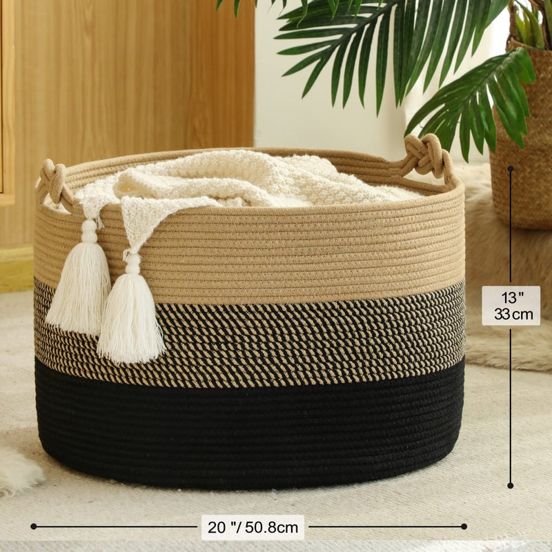 KAKAMAY Large Blanket Basket (20"x13"),Woven Rope Baskets for storage Baby Laundry Hamper, Cotton Rope Blanket Basket for Living Room, Laundry, Nursery, Pillows,Baby Toy chest (Jute/Black) - Image 4