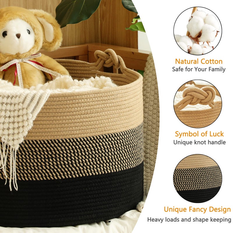 KAKAMAY Large Blanket Basket (20"x13"),Woven Rope Baskets for storage Baby Laundry Hamper, Cotton Rope Blanket Basket for Living Room, Laundry, Nursery, Pillows,Baby Toy chest (Jute/Black) - Image 3