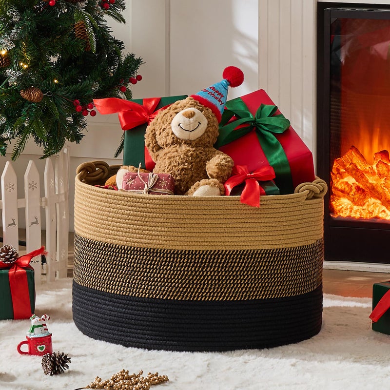 KAKAMAY Large Blanket Basket (20"x13"),Woven Rope Baskets for storage Baby Laundry Hamper, Cotton Rope Blanket Basket for Living Room, Laundry, Nursery, Pillows,Baby Toy chest (Jute/Black) - Image 2