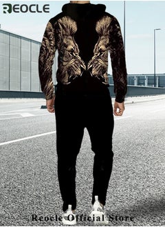 REOCLE Men's 2 Pcs Hoodie Set Sweatshirt Suit 3D Printed Long Sleeve Hoodie with Zipper Trackpant Casual Suit  - Image 2