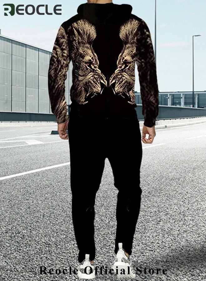 REOCLE Men's 2 Pcs Hoodie Set Sweatshirt Suit 3D Printed Long Sleeve Hoodie with Zipper Trackpant Casual Suit  - Image 2