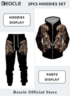 REOCLE Men's 2 Pcs Hoodie Set Sweatshirt Suit 3D Printed Long Sleeve Hoodie with Zipper Trackpant Casual Suit  - Image 3