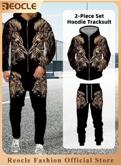 REOCLE Men's 2 Pcs Hoodie Set Sweatshirt Suit 3D Printed Long Sleeve Hoodie with Zipper Trackpant Casual Suit  - Image 1