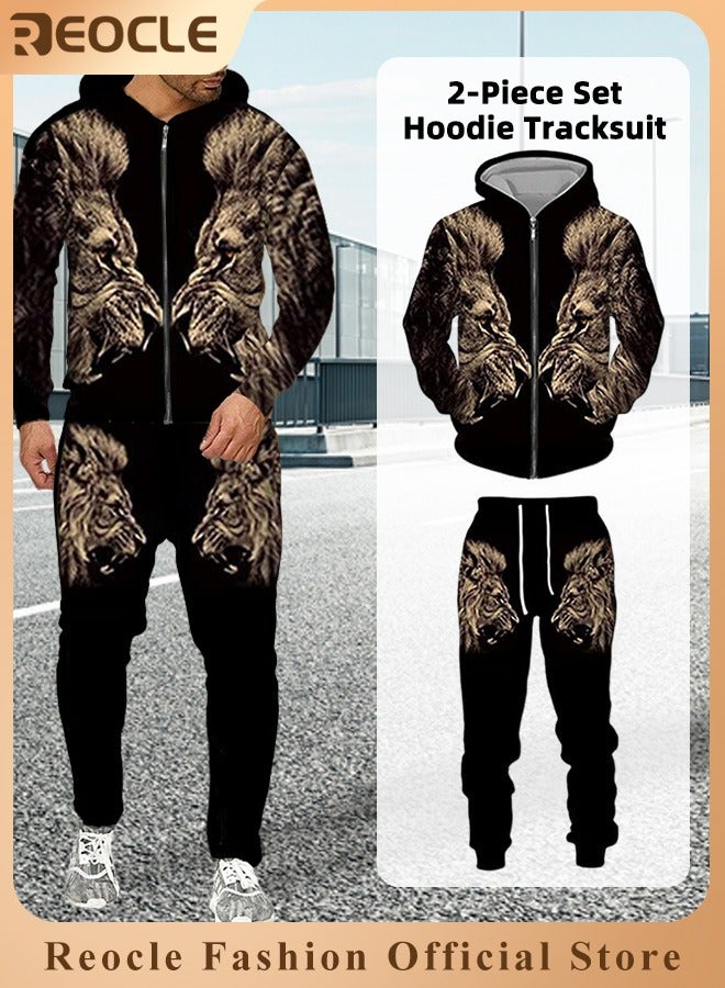 REOCLE Men's 2 Pcs Hoodie Set Sweatshirt Suit 3D Printed Long Sleeve Hoodie with Zipper Trackpant Casual Suit  - Image 1