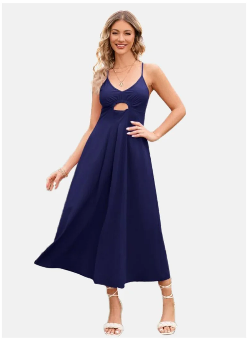 YUNIQEE Blue Round Neck Cotton A-Line Maxi Dress