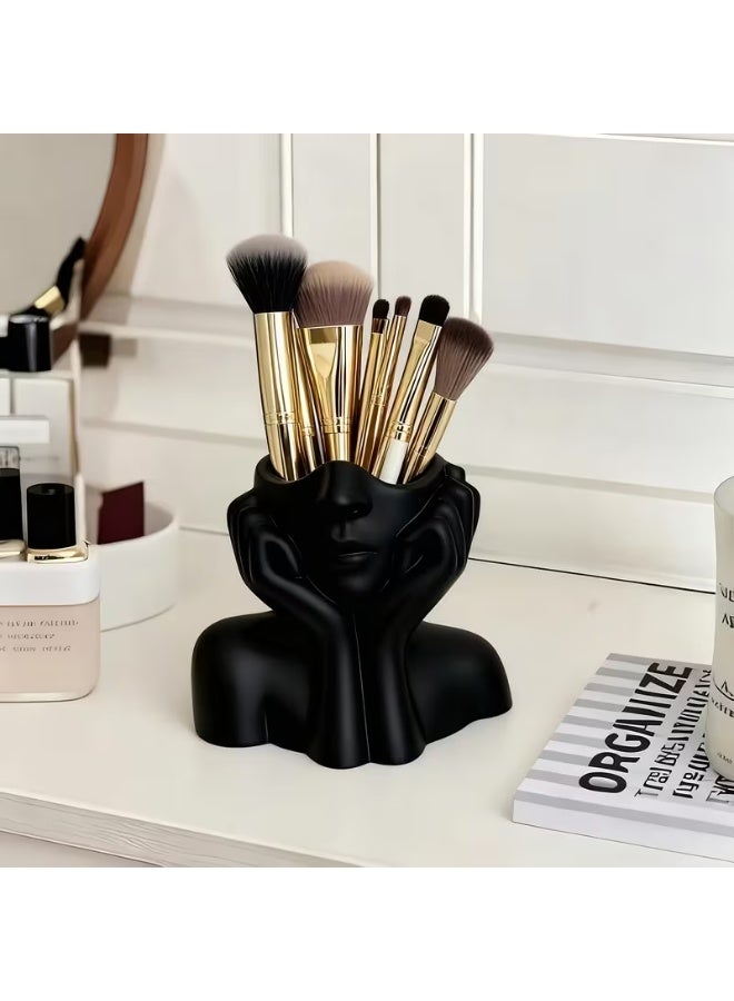 LANGMANNI A Cute Makeup Brush Storage Box Shaped Like a Human Face, Featuring a Minimalist White Design That Captures The Relaxed Vibe of a Resting Face. This Artistic Piece for Your Desk Combines Practicality with Aesthetic Appeal - Image 1