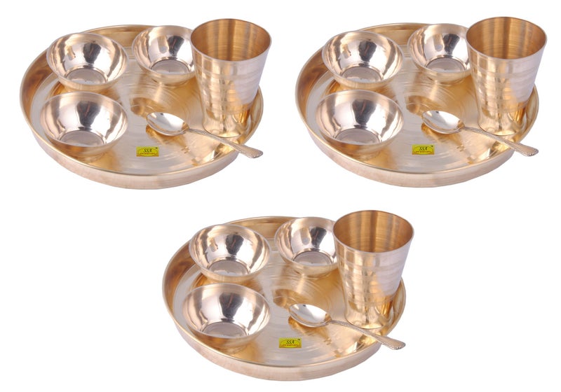 SHIV SHAKTI ARTS Set of 3 Brass Thali Set Luxury Design 6 pcs Each 3 Brass bowls1 glass1 Plate & 1 Spoon Restaurant Ware Home Hotel - Image 1