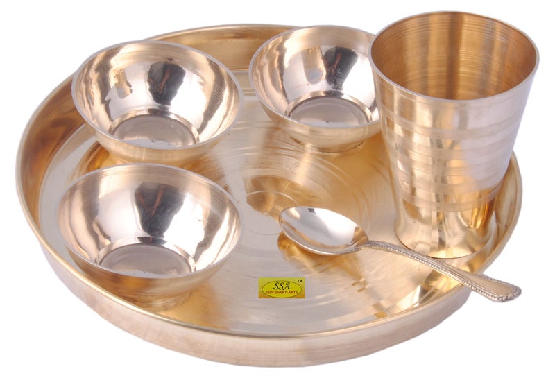 SHIV SHAKTI ARTS Set of 3 Brass Thali Set Luxury Design 6 pcs Each 3 Brass bowls1 glass1 Plate & 1 Spoon Restaurant Ware Home Hotel - Image 3