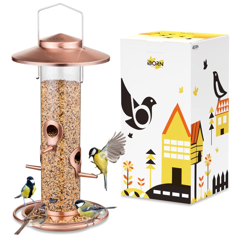 iBorn Bird Feeders for Outdoors 2LB Metal Bird Feeders 17cm Large Roof Tray 4 Feeding Ports Brushed Copper Finishing - Image 2