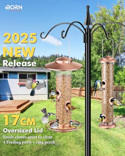 iBorn Bird Feeders for Outdoors 2LB Metal Bird Feeders 17cm Large Roof Tray 4 Feeding Ports Brushed Copper Finishing - Image 3
