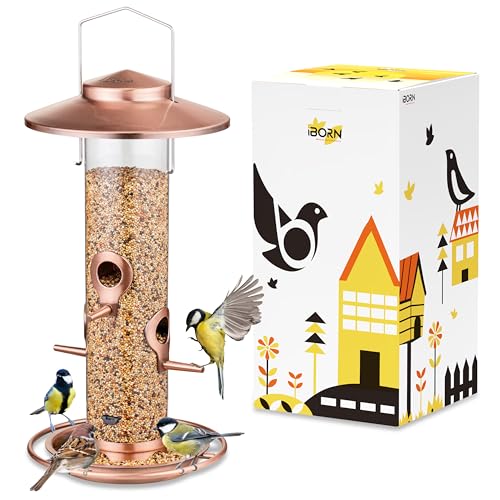 iBorn Bird Feeders for Outdoors 2LB Metal Bird Feeders 17cm Large Roof Tray 4 Feeding Ports Brushed Copper Finishing - Image 1