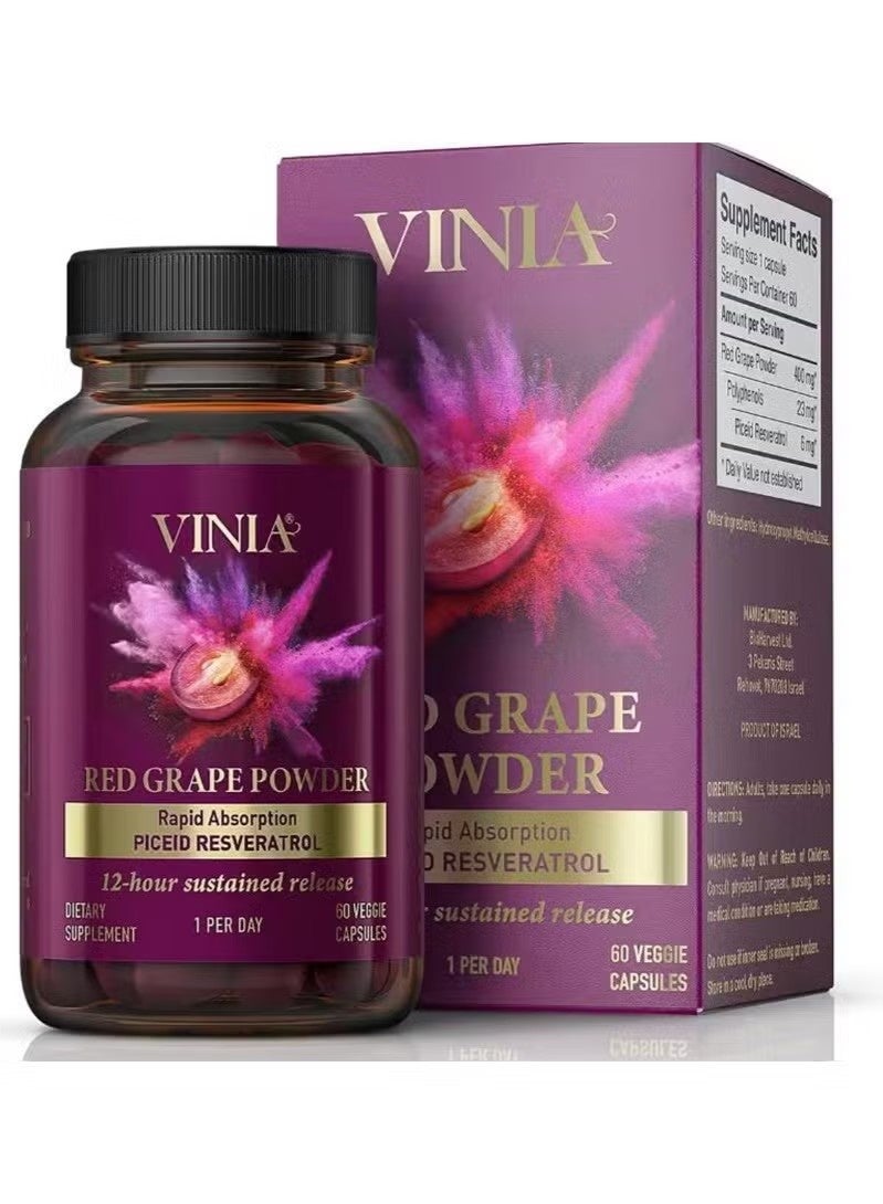 VINIA Red Grape Powder Rapid Absorption Piceid Resveratrol 12 hour Sustained release 60 Veggie Capsules - Image 1