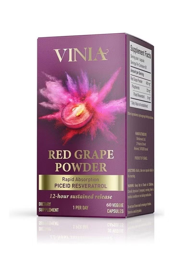 VINIA Red Grape Powder Rapid Absorption Piceid Resveratrol 12 hour Sustained release 60 Veggie Capsules - Image 2