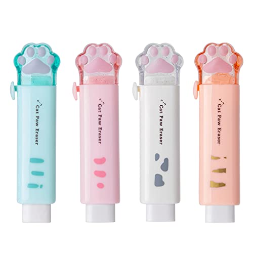 Geluode 4 Pcs Cat Paw Shaped Retractable Erasers, Cute Rubber for Kids, Push-Pull Rubber Eraser for Students Writing Office School Supplies - Image 1