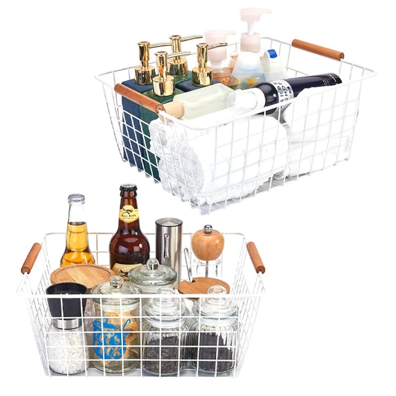 LeleCAT Large white wire baskets with Wooden Handles for storage pantry  Storage Organizer Baskets  Household Refrigerator for Cabinets  Closets  Bedrooms  kitchen - Set of 2(White) - Image 5