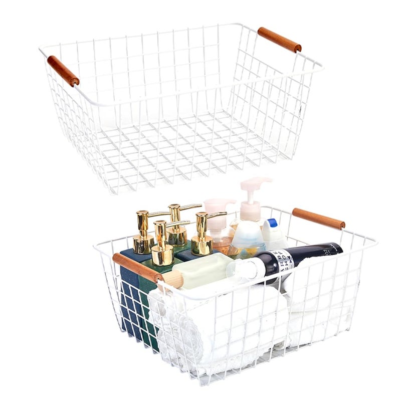 LeleCAT Large white wire baskets with Wooden Handles for storage pantry  Storage Organizer Baskets  Household Refrigerator for Cabinets  Closets  Bedrooms  kitchen - Set of 2(White) - Image 3