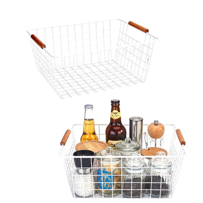 LeleCAT Large white wire baskets with Wooden Handles for storage pantry  Storage Organizer Baskets  Household Refrigerator for Cabinets  Closets  Bedrooms  kitchen - Set of 2(White) - Image 1
