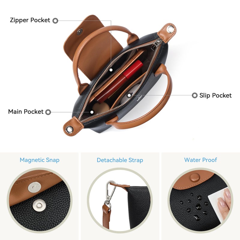 BOSTANTEN Mini Tote for Women Crossbody Bag with Adjustable Strap Top Handle Purse for Everyday Use, Black with Brown - Image 4