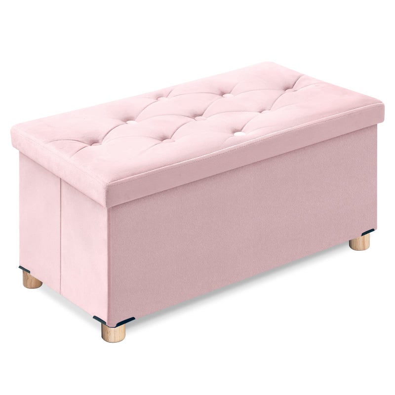 BRIAN  DANY Ottoman Storage Box with 4 Wood Legs Velvet Storage Ottoman for Living Room Pink 76 x 38 x 38 cm